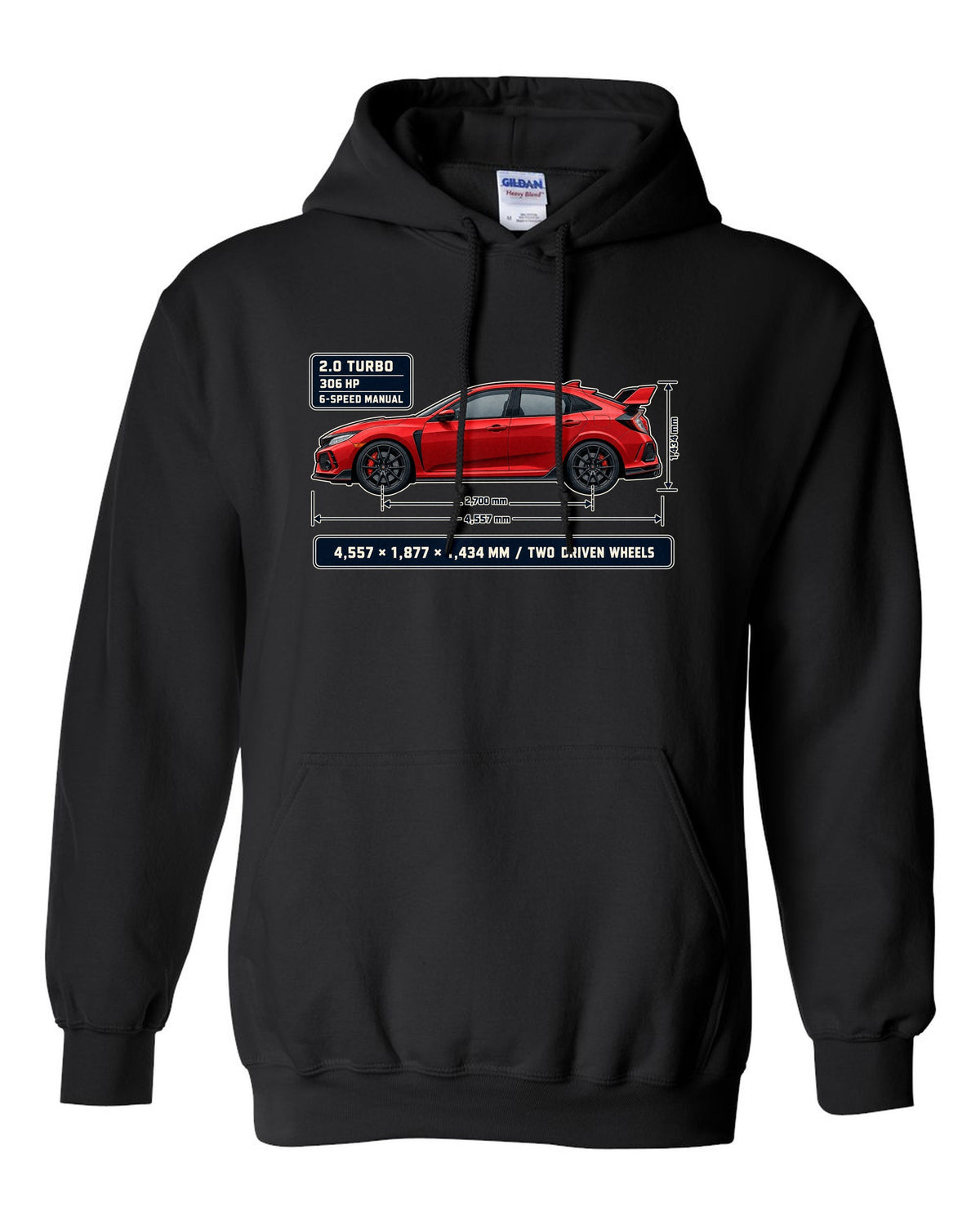 print dimension blueprint of a red Honda Civic Type R FK8 black pull over hoodie front view with the design