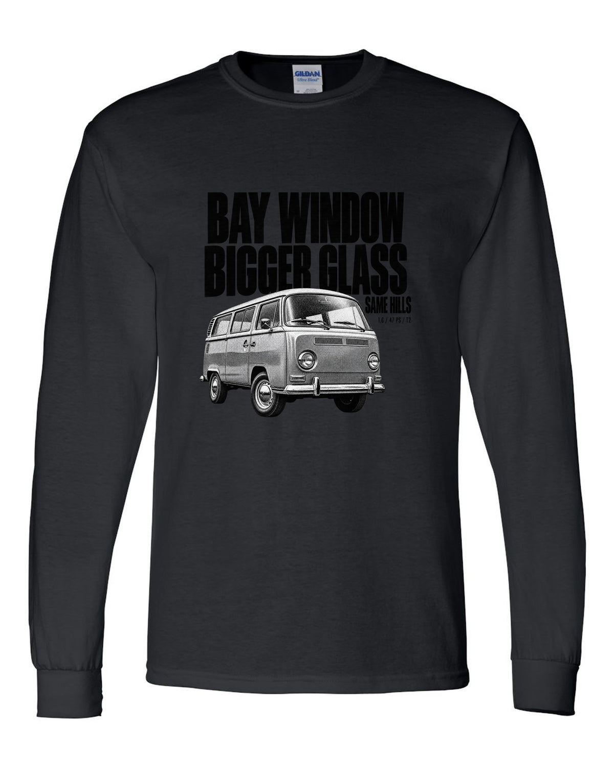 Halftone print of a VW T2 Bay Window bus front three-quarter with bigger glass same hills text black long sleeve front view with the design