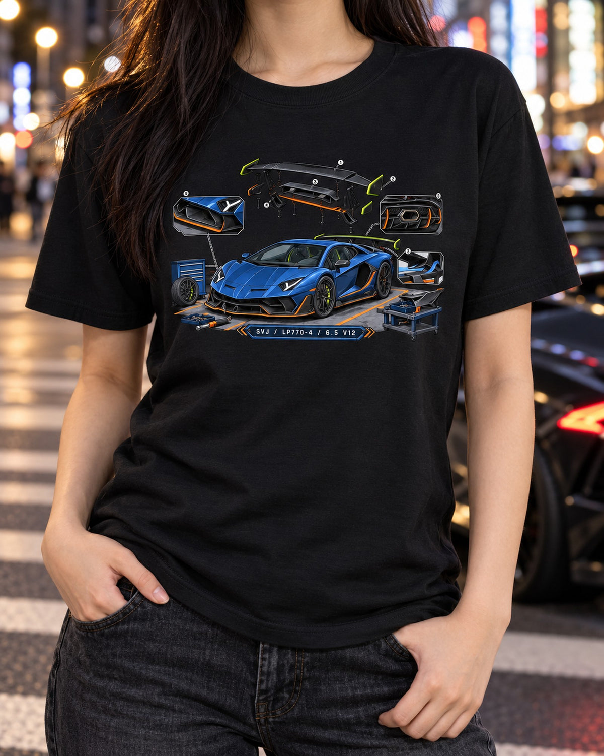 Aventador SVJ LP770-4 Exploded View Tee, Active Aero Shirt T-Shirt Black worn hero