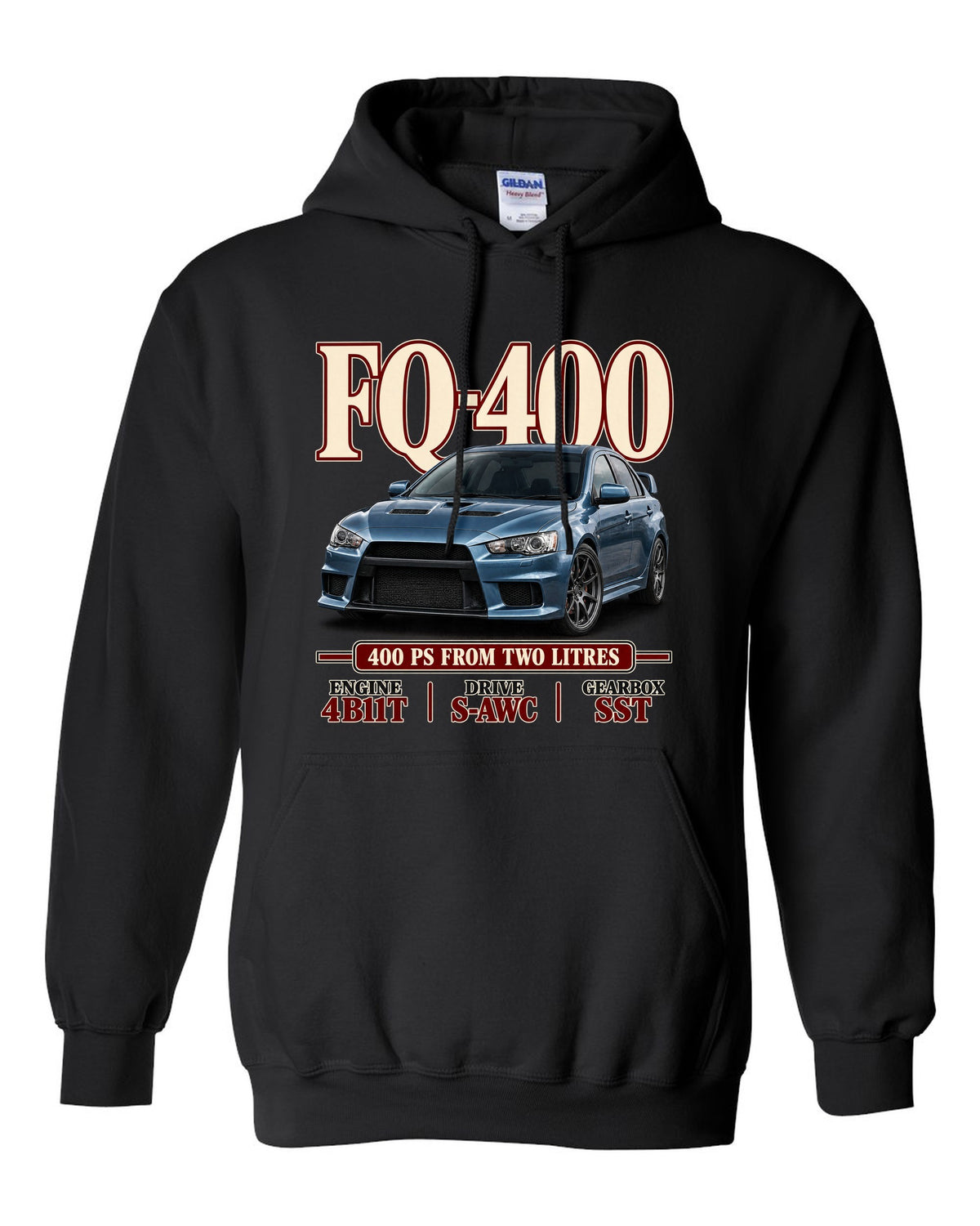 Mitsubishi Lancer Evolution X FQ-400 low front three-quarter archive panel print black pull over hoodie front view with the design