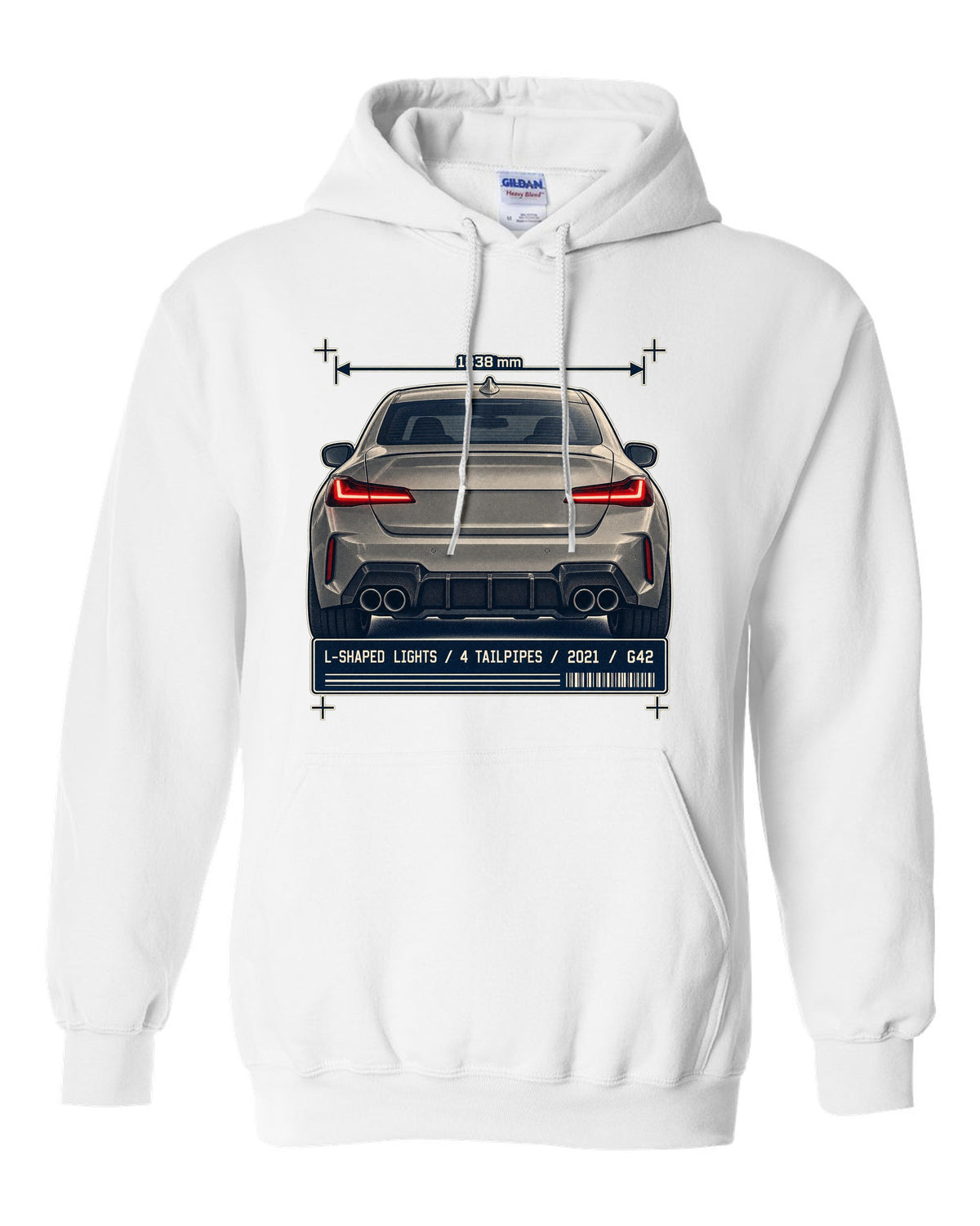 BMW M240i G42 rear taillight and tailpipe macro print white pull over hoodie front view with the design