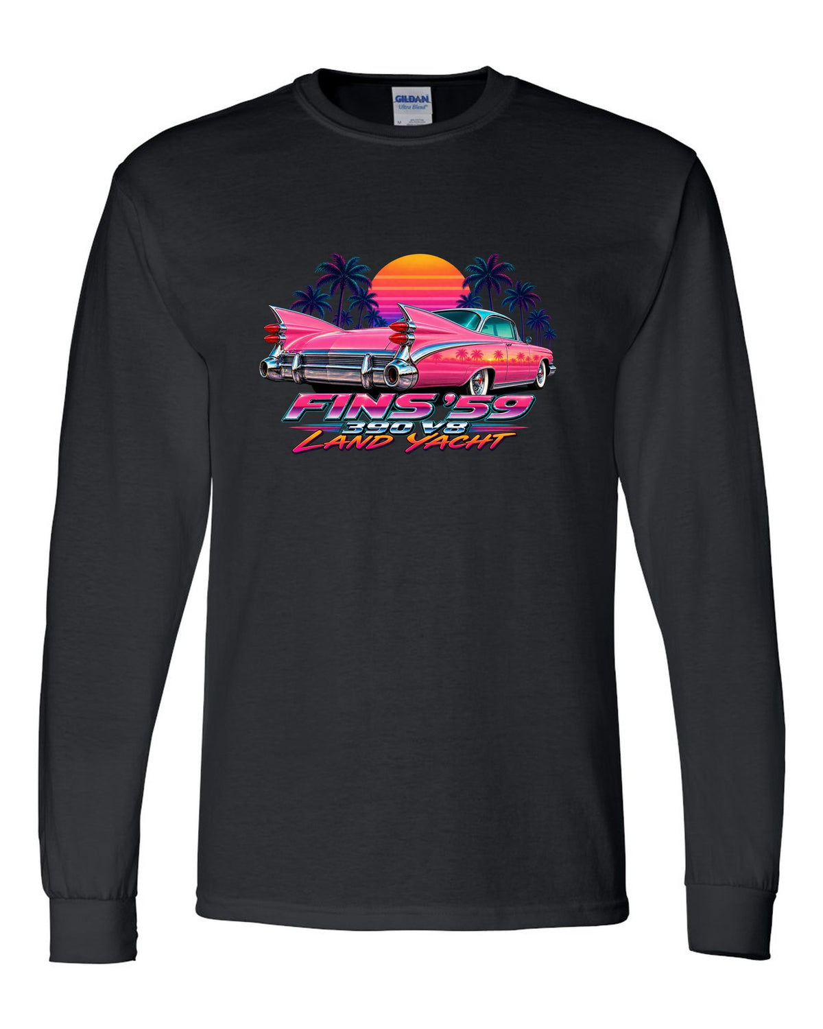1959 Cadillac Series 62 Coupe de Ville rear fins against an airbrush retro sunset black long sleeve front view with the design