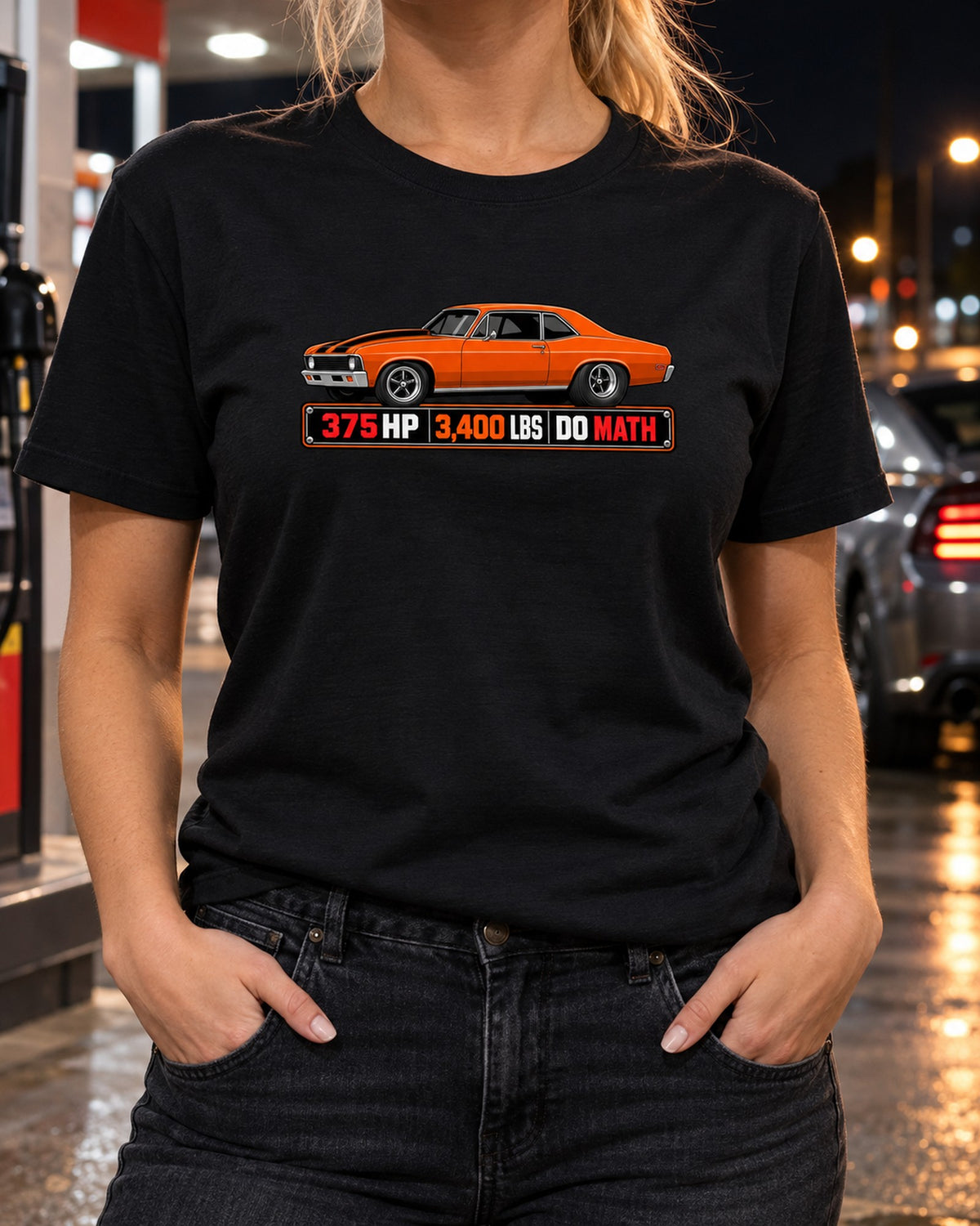 1970 Nova SS 396 Spec Sheet Shirt, 375 HP 3,400 LBS Tee T-Shirt Black worn hero