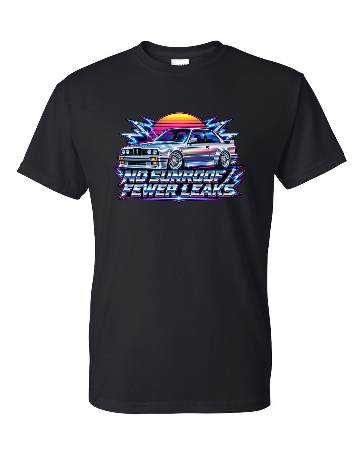 80s chrome airbrush print of a BMW E30 M3 with no sunroof fewer leaks text black t-shirt front view with the design