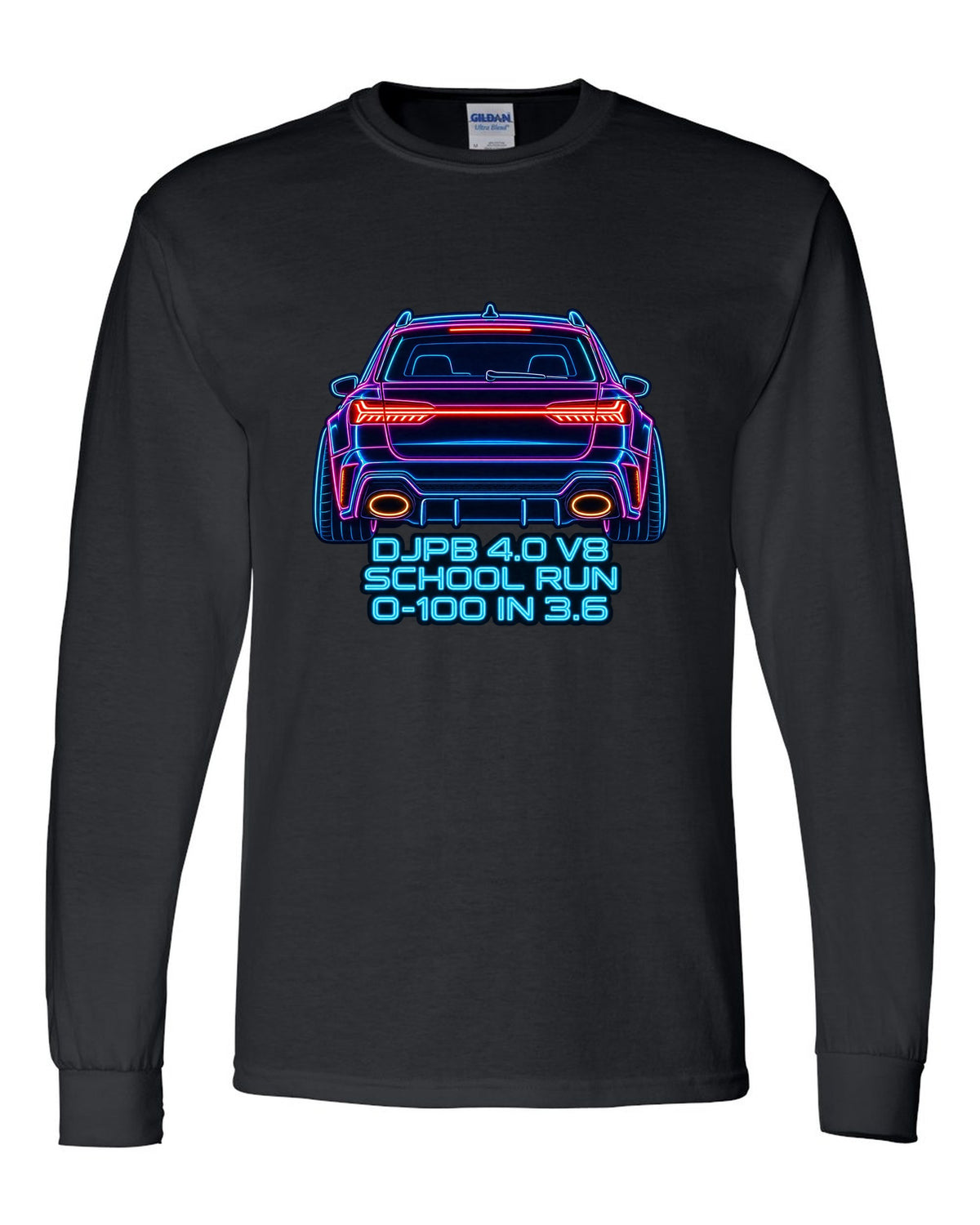 Neon sign line art design of the Audi RS6 Avant C8 with school run and 0-100 in 3.6 lettering black long sleeve front view with the design