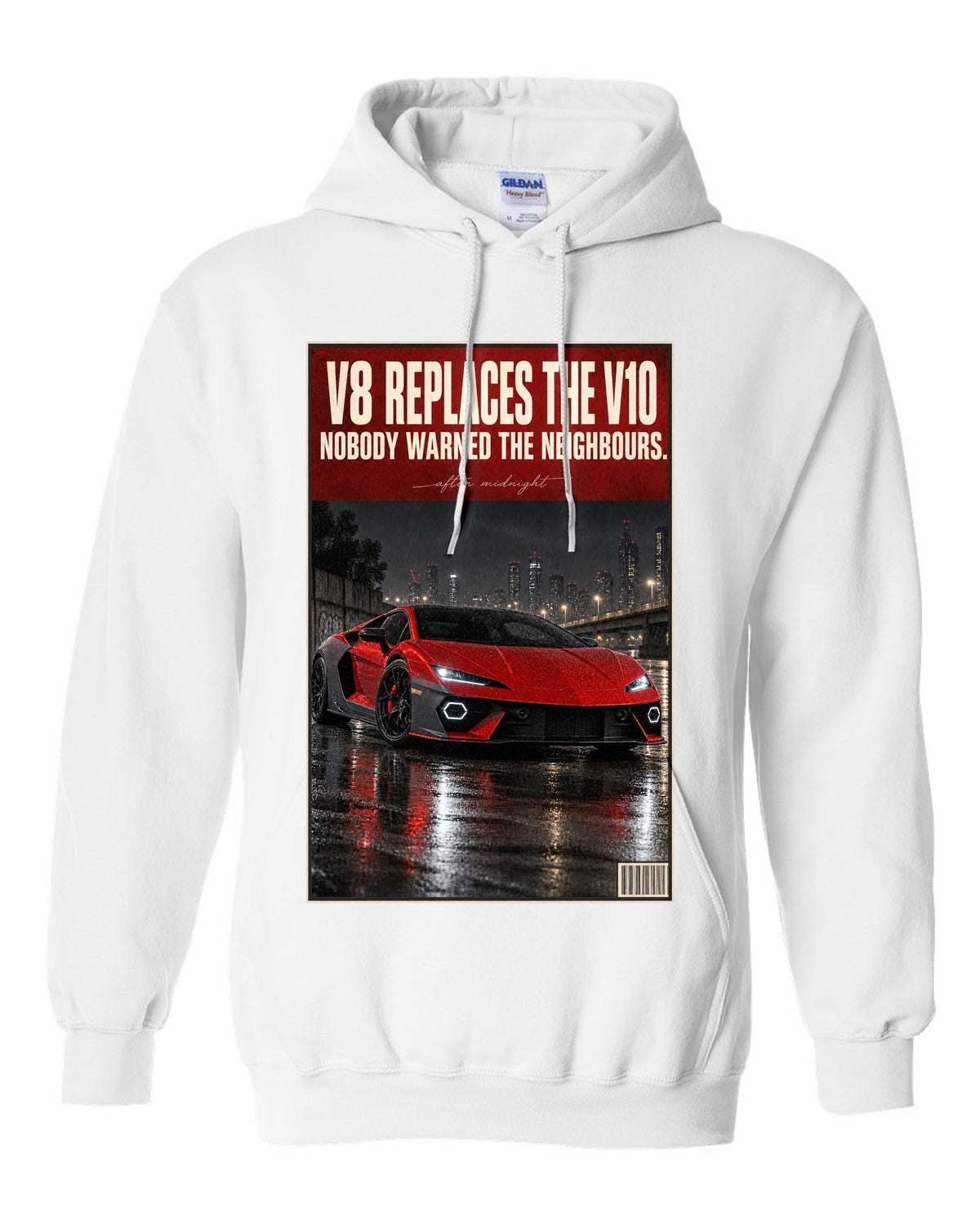 Night street print of the Lamborghini Temerario white pull over hoodie front view with the design