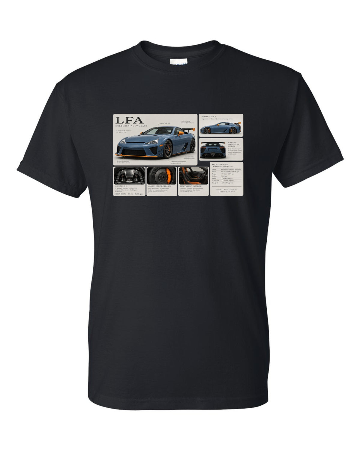 Dossier panel layout for the Lexus LFA Nurburgring Package with V10 notes black t-shirt front view with the design