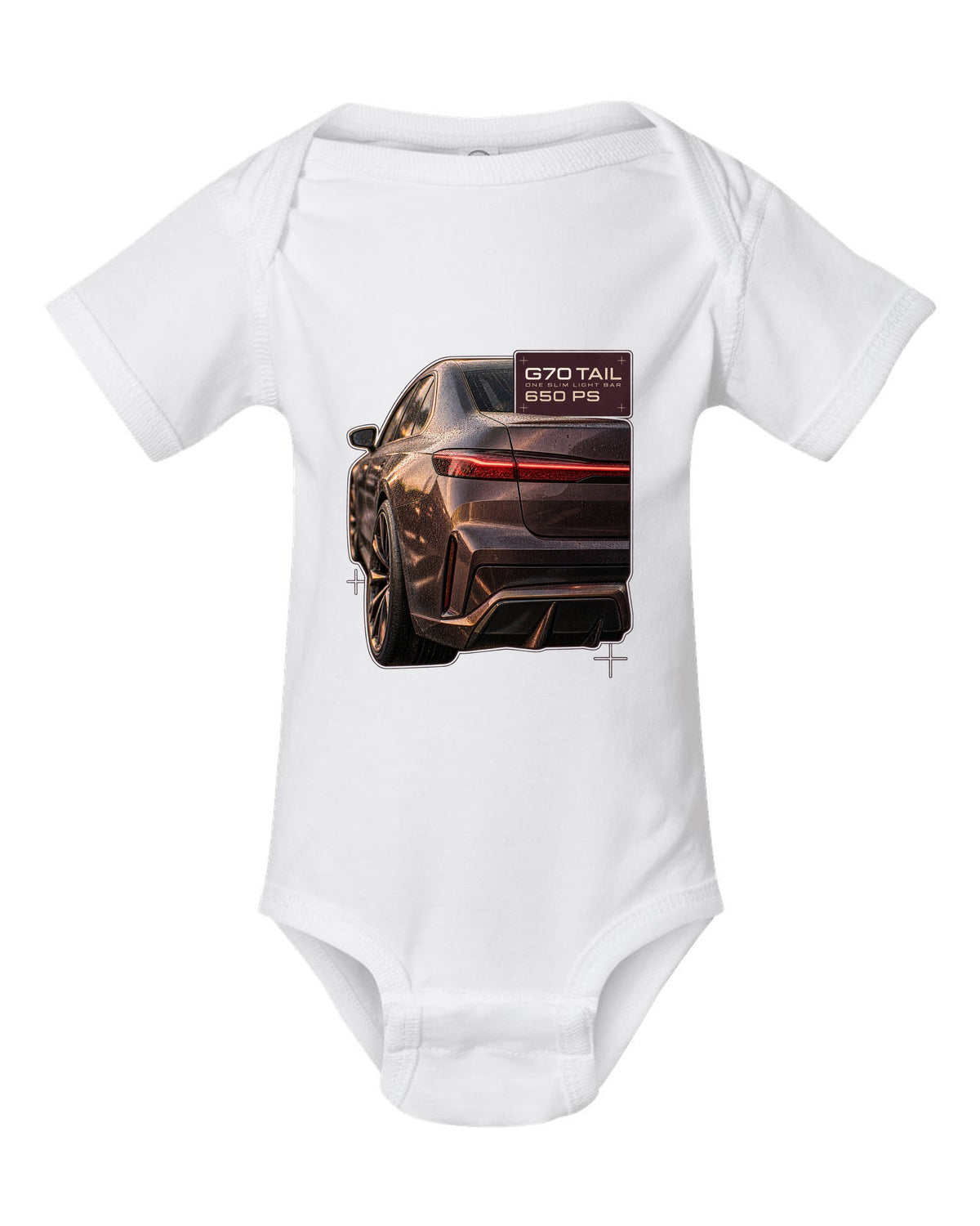Macro print of the slim taillight bar on a BMW i7 M70 xDrive G70 white baby onesie front view with the design
