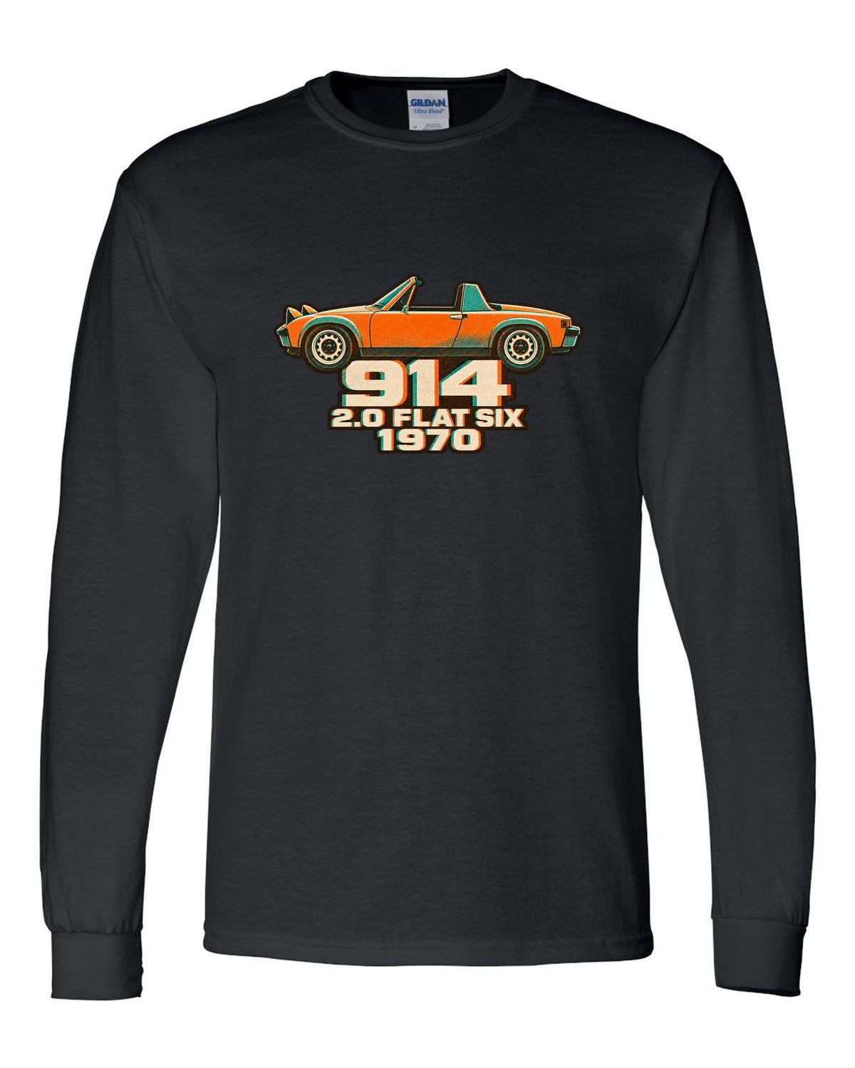Porsche 914/6 risograph two-colour design with 2.0 flat six lettering black long sleeve front view with the design