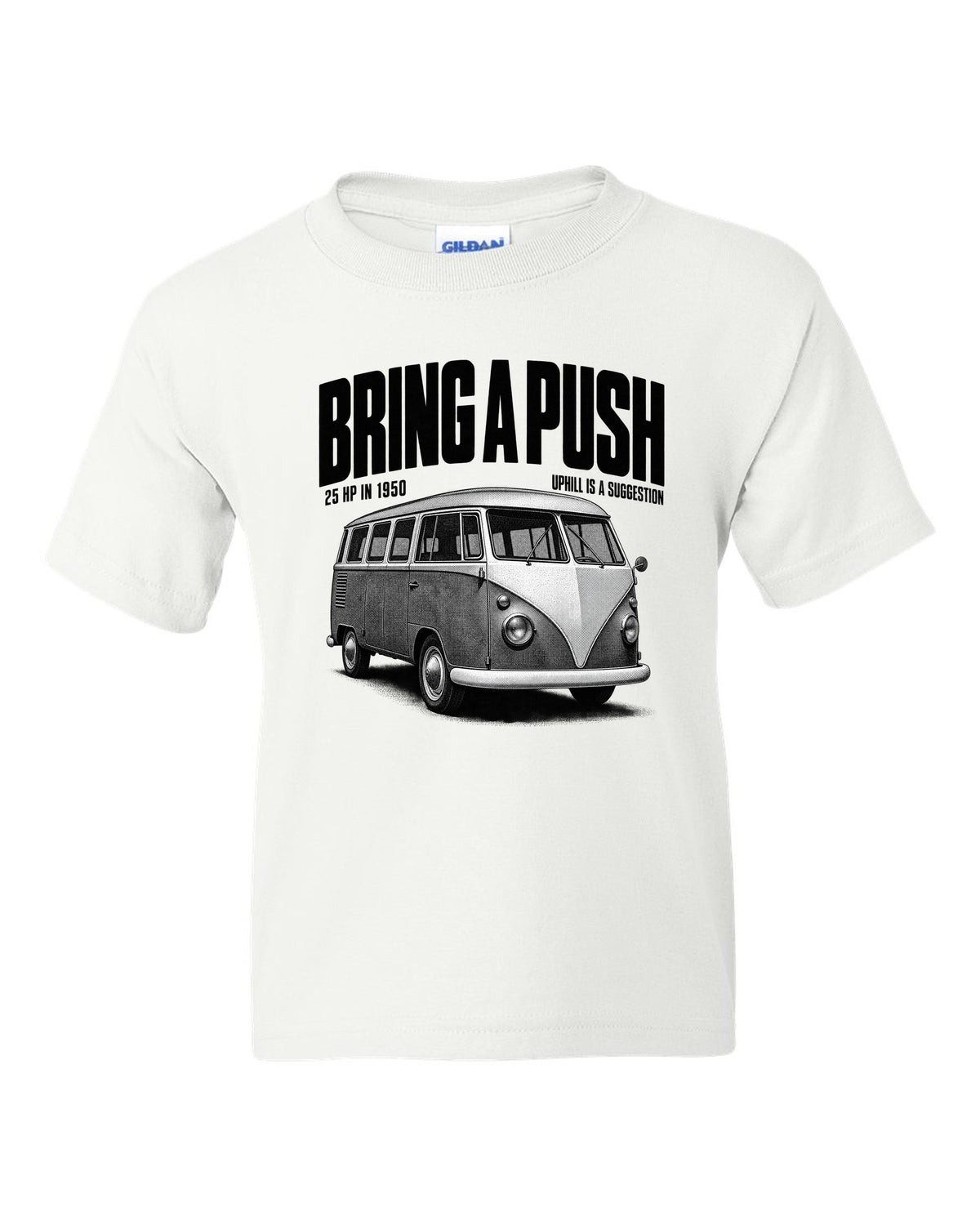 Halftone print of a VW T1 split-window microbus with bring a push text white kids tee front view with the design