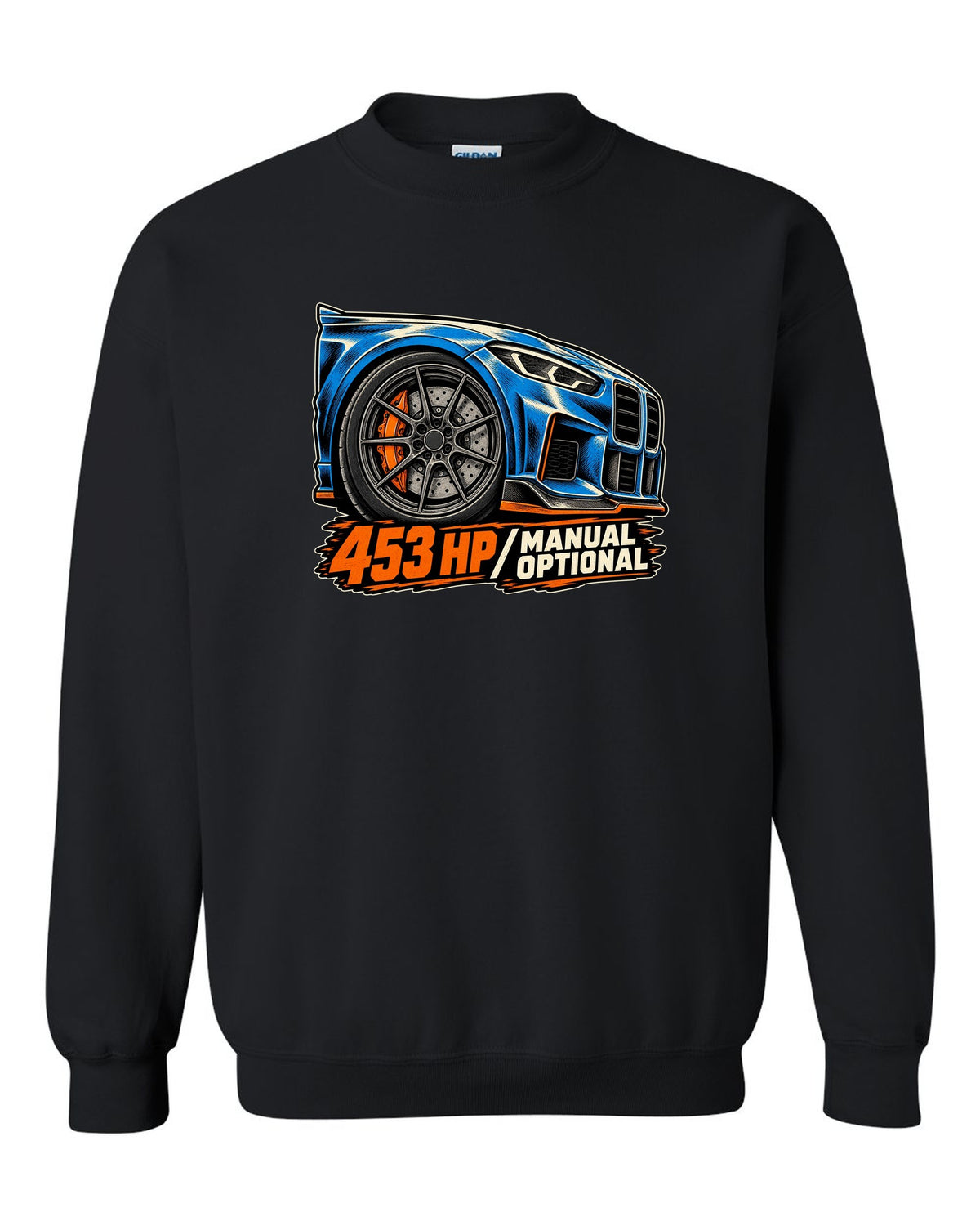 Embroidery-style shield crest print of a BMW M2 F87 with chargepipe fund text black crewneck front view with the design