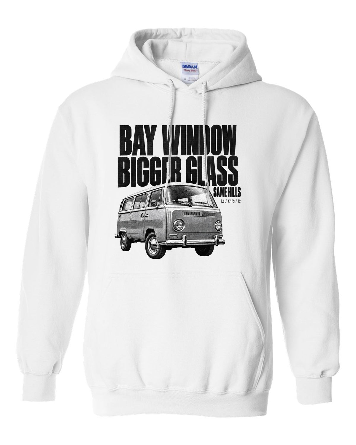 Halftone print of a VW T2 Bay Window bus front three-quarter with bigger glass same hills text white pull over hoodie front view with the design
