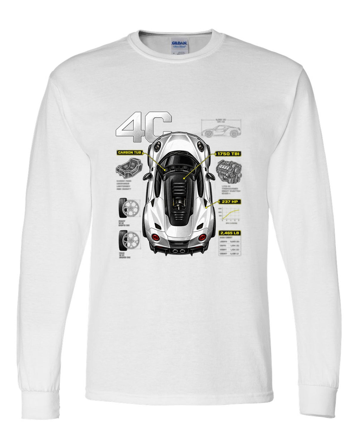 Overhead spec poster print of an Alfa Romeo 4C with carbon tub and 237 HP text white long sleeve front view with the design