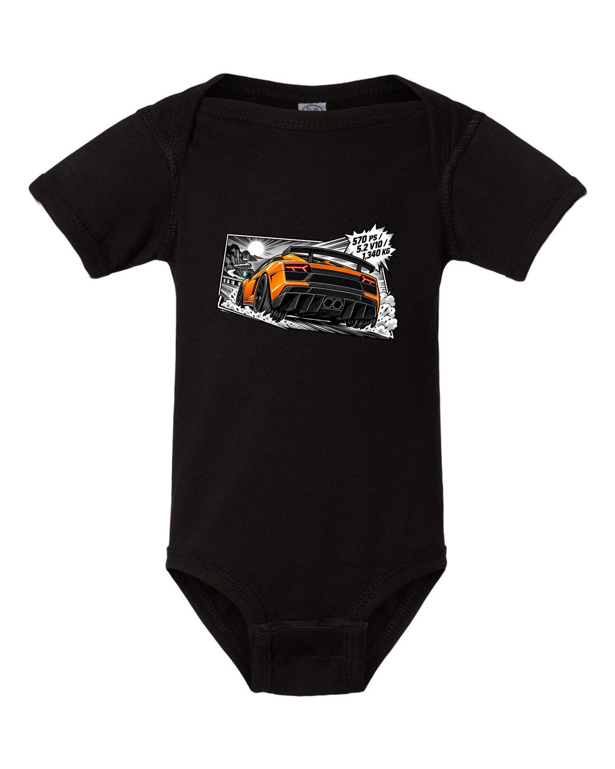 Retro manga halftone panel of a Lamborghini Gallardo LP570-4 Superleggera with spec text black baby onesie front view with the design