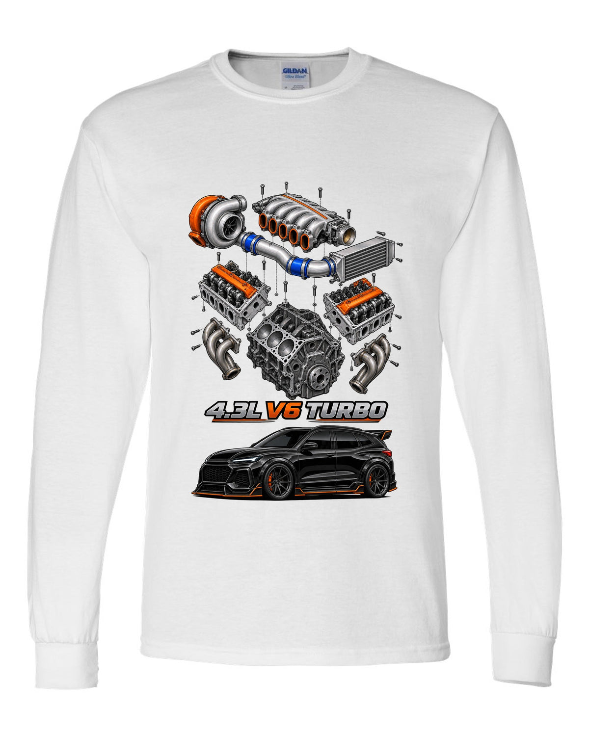 Exploded cutaway drawing of the 4.3L turbo V6 engine in a 1992-93 GMC Typhoon, printed on a shirt back white long sleeve front view with the design
