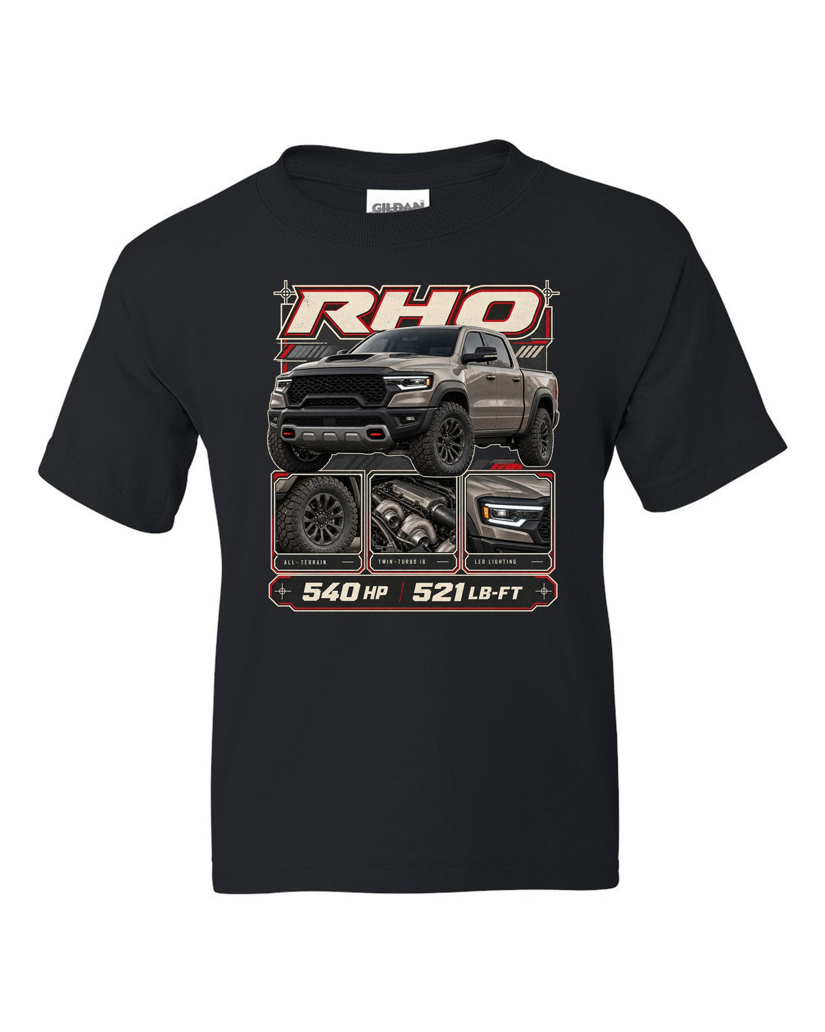 Ram 1500 RHO 2025 dossier panels with horsepower and torque print black kids tee front view with the design