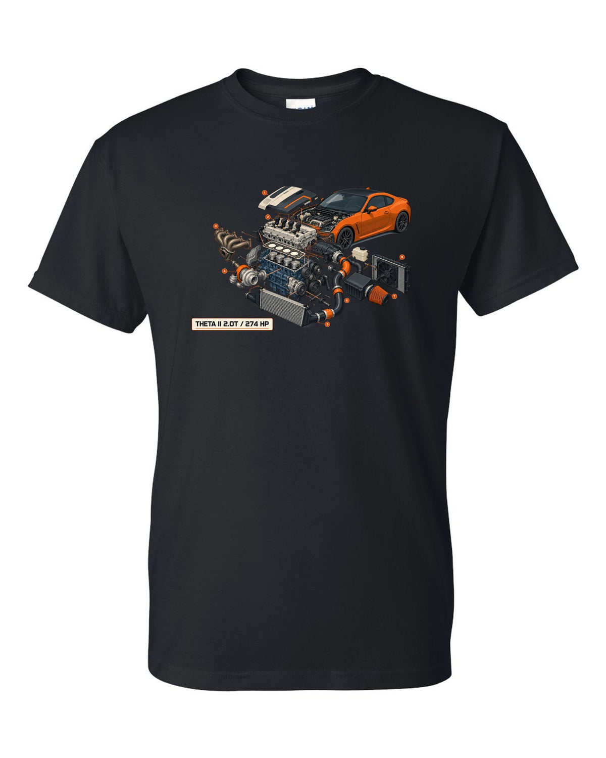 Hyundai Genesis Coupe BK2 isometric exploded cutaway print with Theta II 2.0T and 274 HP black t-shirt front view with the design