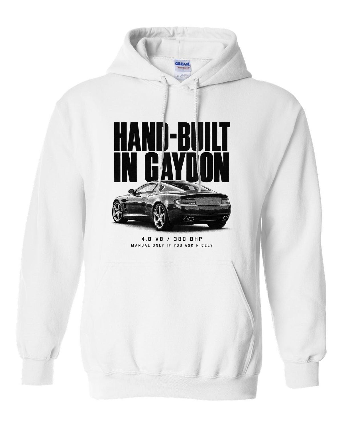 Aston Martin V8 Vantage 2005 halftone print with Gaydon text white pull over hoodie front view with the design