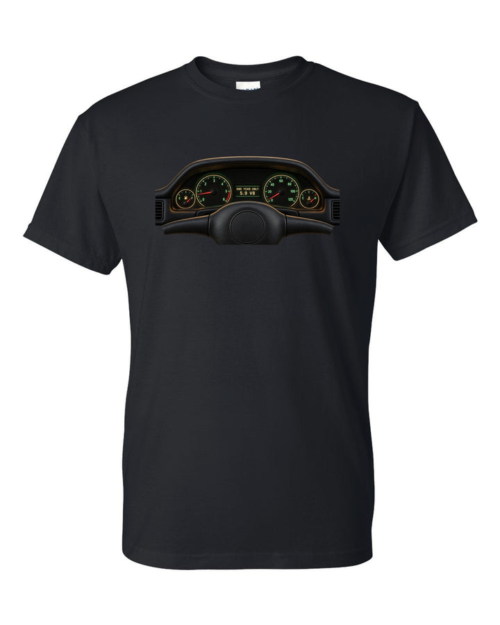 Retro gauge cluster print for a 1998 Jeep Grand Cherokee ZJ 5.9 Limited, one year only black t-shirt front view with the design