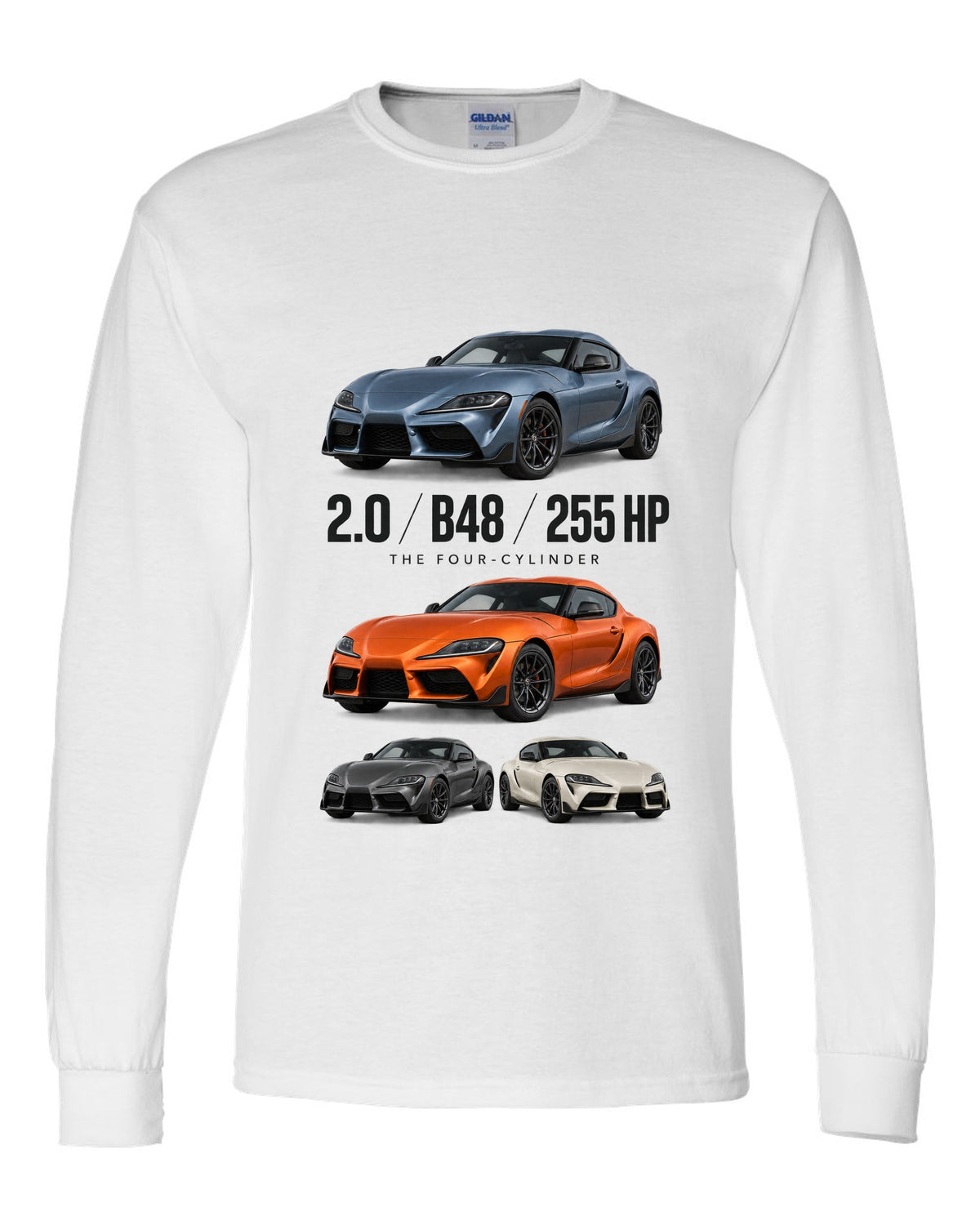 Steel blue Toyota GR Supra 2.0 spec poster with B48 and 255 HP text white long sleeve front view with the design