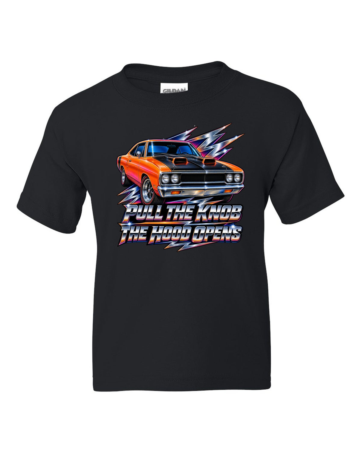 80s airbrush chrome design of a 1970 Plymouth Road Runner with pull the knob hood text black kids tee front view with the design