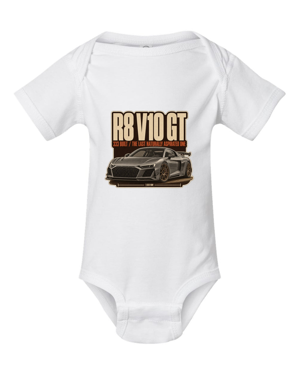 Audi R8 V10 GT RWD final edition editorial headline print design white baby onesie front view with the design