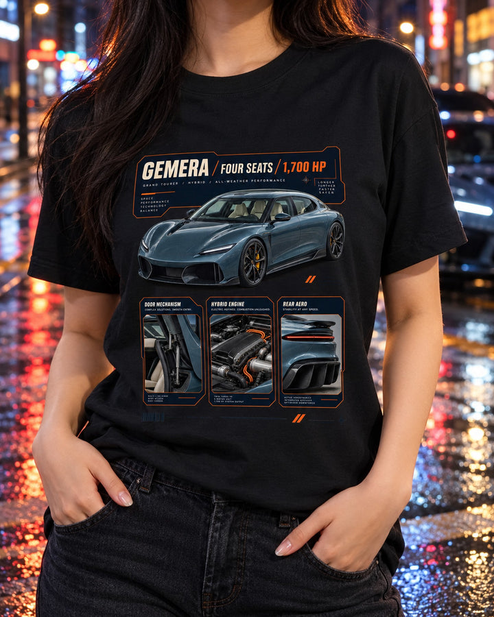 Gemera Dossier Panels Tee, Koenigsegg Mega-GT Car Shirt T-Shirt Black worn hero