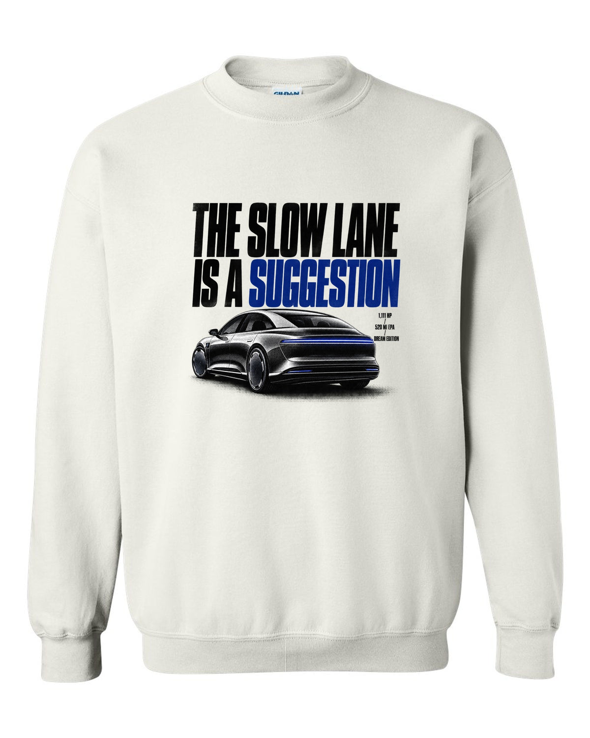 Halftone Lucid Air Dream Edition 2021 with the slow lane is a suggestion, 1,111 HP, 520 mi EPA white crewneck front view with the design