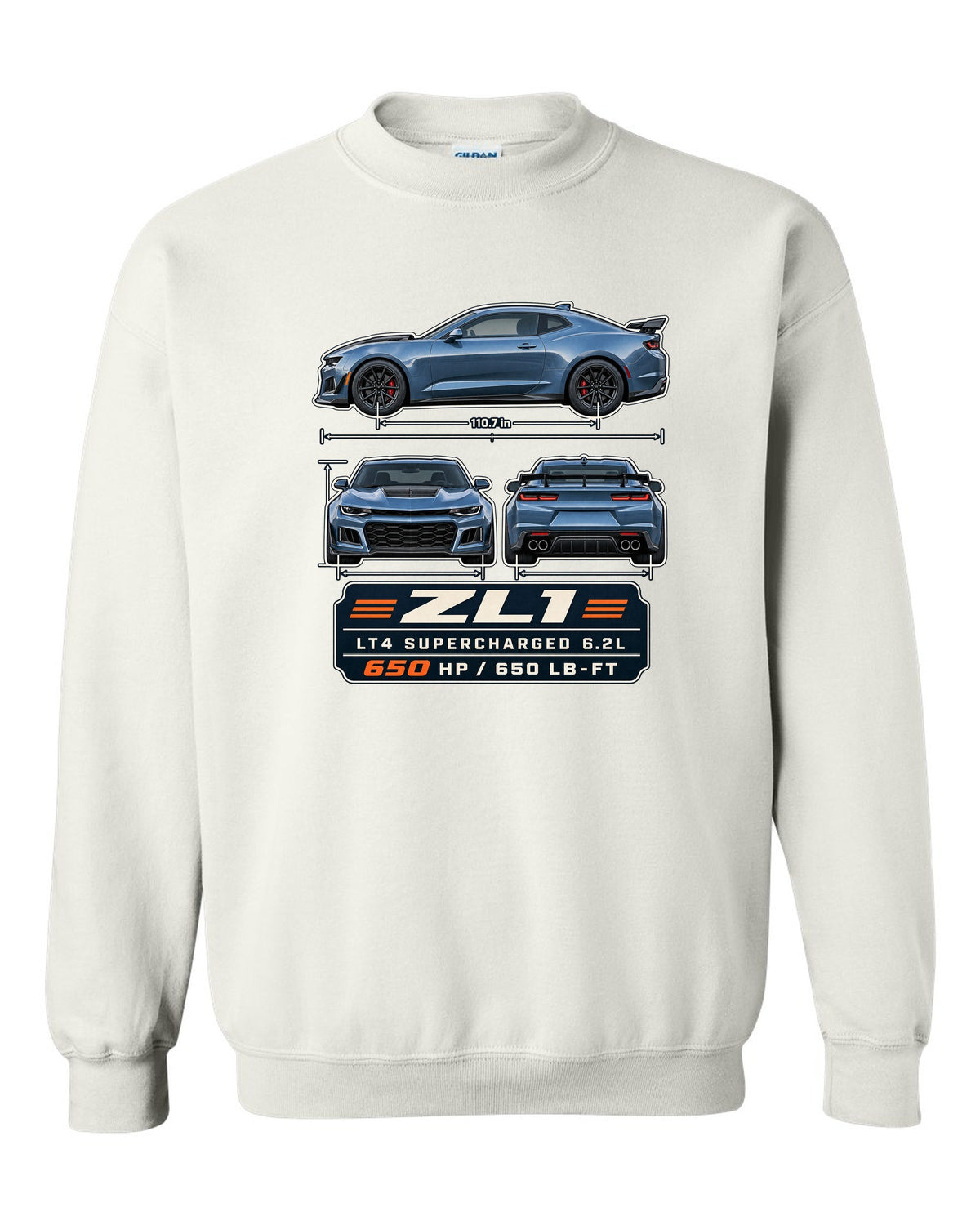 Three-view plate print of a 6th generation Chevrolet Camaro ZL1 white crewneck front view with the design