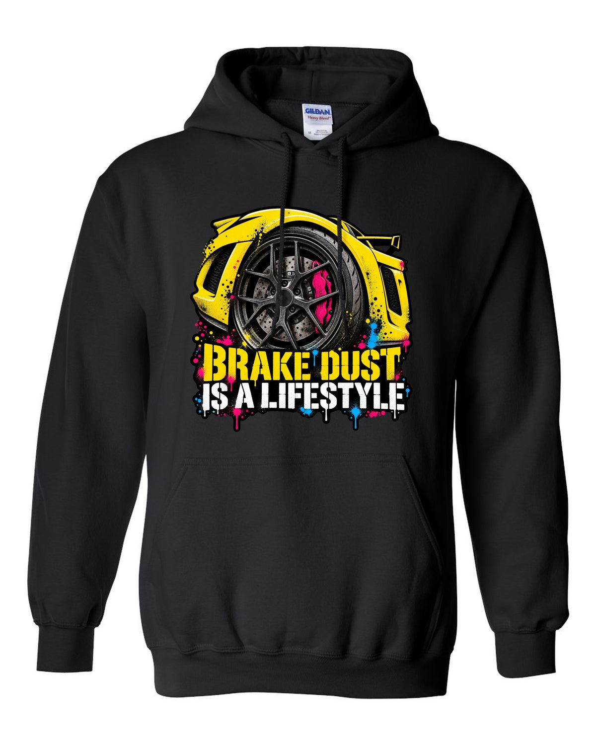 Lotus Exige stencil spray street art with BRAKE DUST IS A LIFESTYLE lettering black pull over hoodie front view with the design