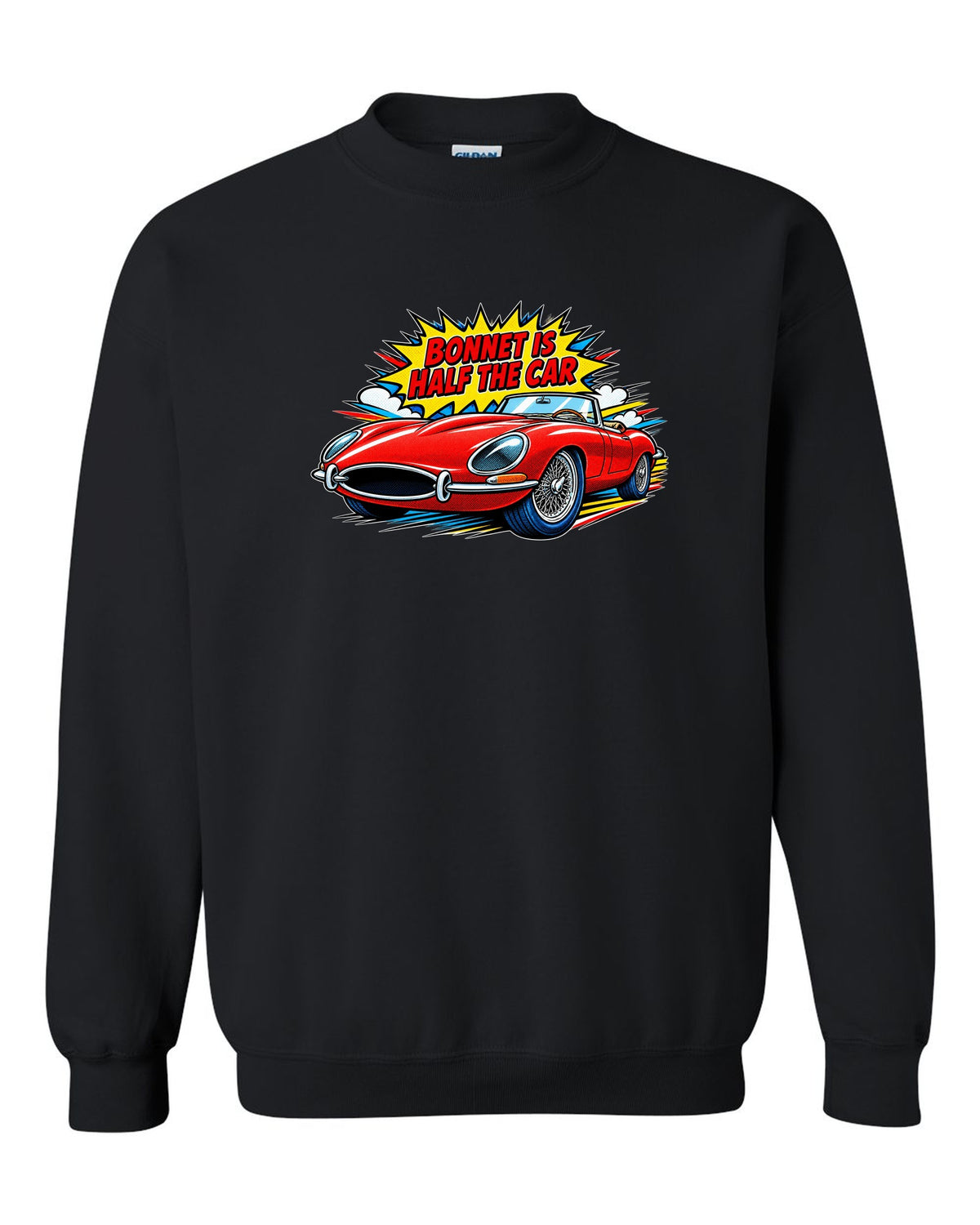 Comic halftone pop art print of a 1961 Jaguar E-Type Series 1 with bonnet is half the car lettering black crewneck front view with the design