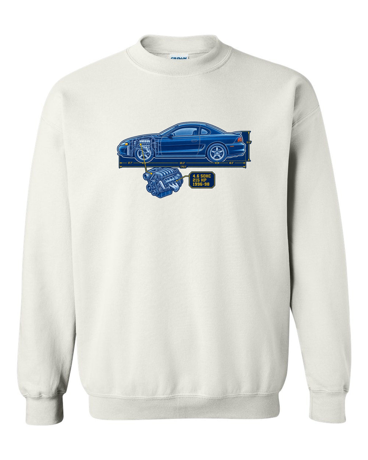 Cyanotype blueprint print of a 1994-98 Ford Mustang SN95 coupe white crewneck front view with the design