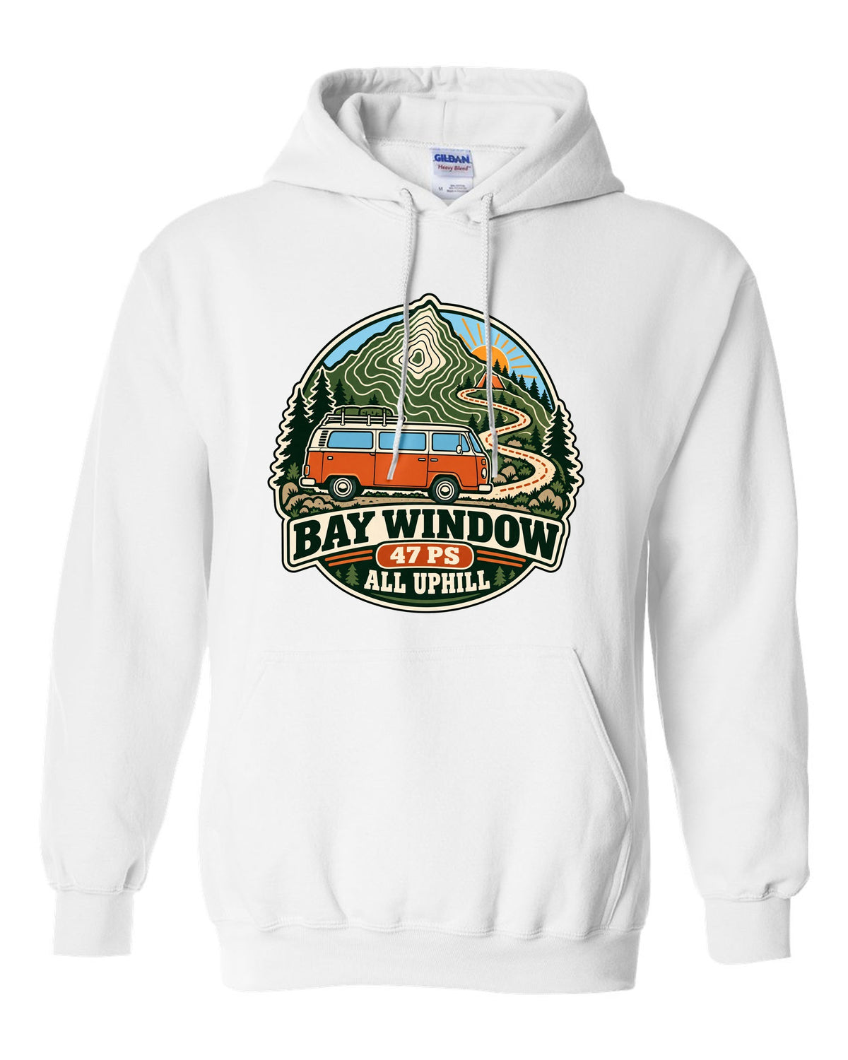 Topographic route map style print of a VW Bus T2 Bay Window with 47 PS all uphill text white pull over hoodie front view with the design