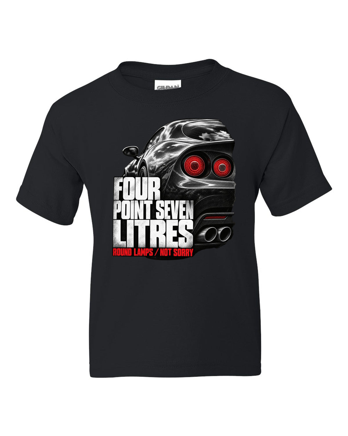 Tail lamp macro print of an Alfa Romeo 8C Competizione with four point seven litres text black kids tee front view with the design