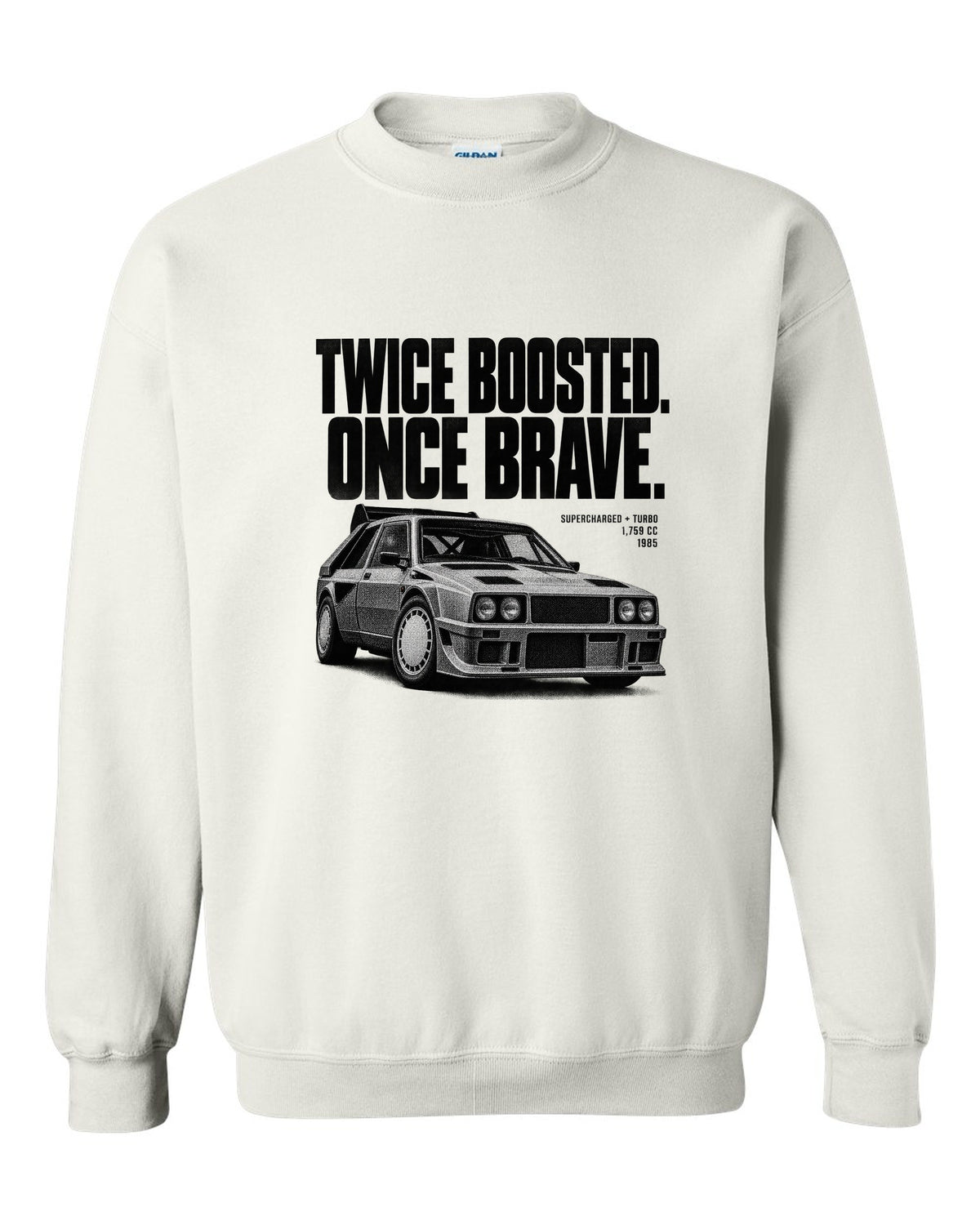 Halftone print of a Lancia Delta S4 with supercharged and turbo lettering white crewneck front view with the design