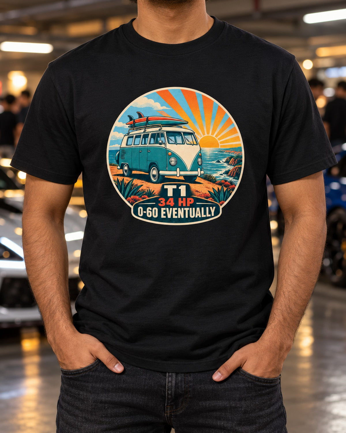 VW Bus T1 Split-Window 1962 Sunburst Shirt, 34 HP Joke Tee T-Shirt Black worn hero