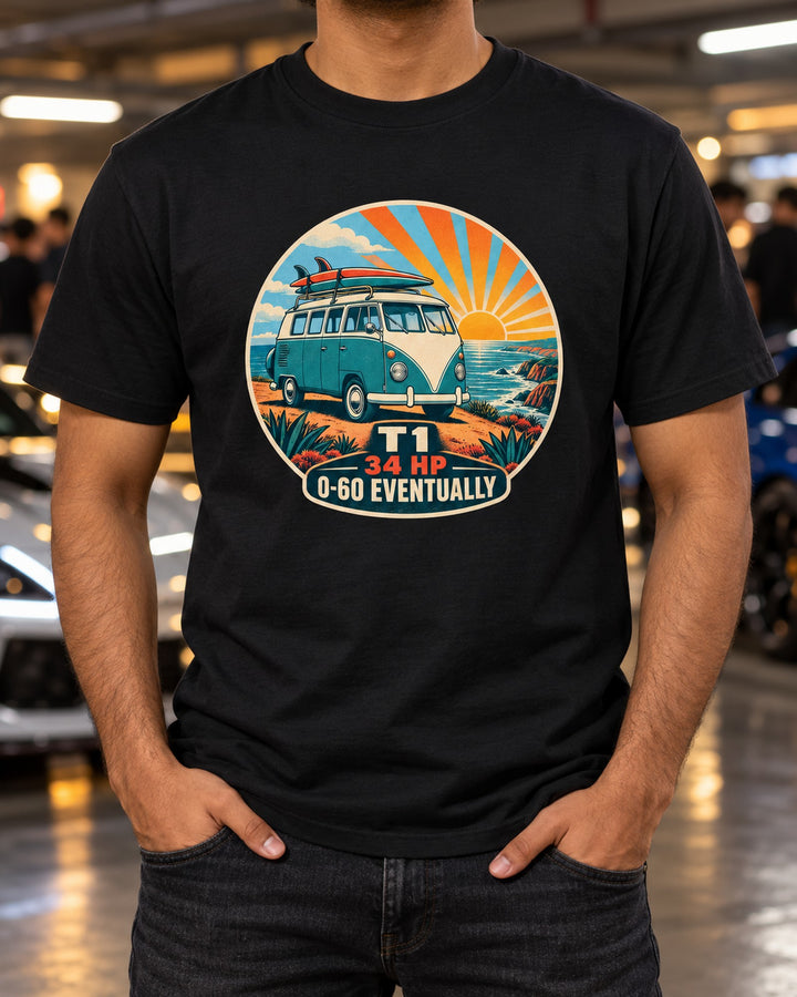 VW Bus T1 Split-Window 1962 Sunburst Shirt, 34 HP Joke Tee T-Shirt Black worn hero