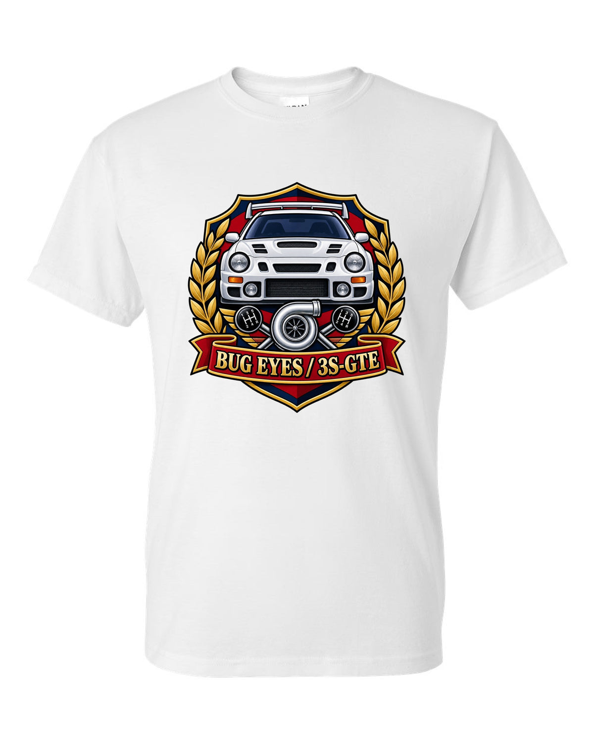 Rally crest of a Toyota Celica GT-Four ST205 with Bug Eyes and 3S-GTE lettering white t-shirt front view with the design