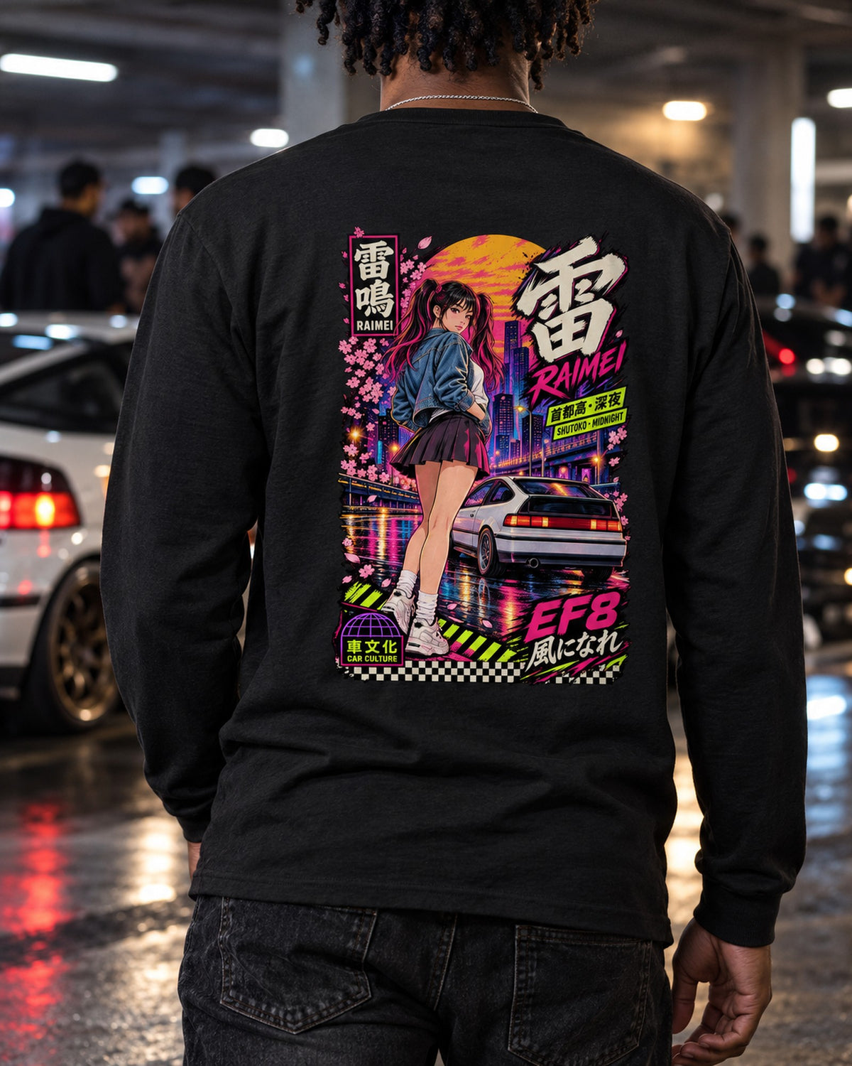 RAIMEI EF8 Anime Girl Full-Back Graphic Tee Long Sleeve Black worn hero