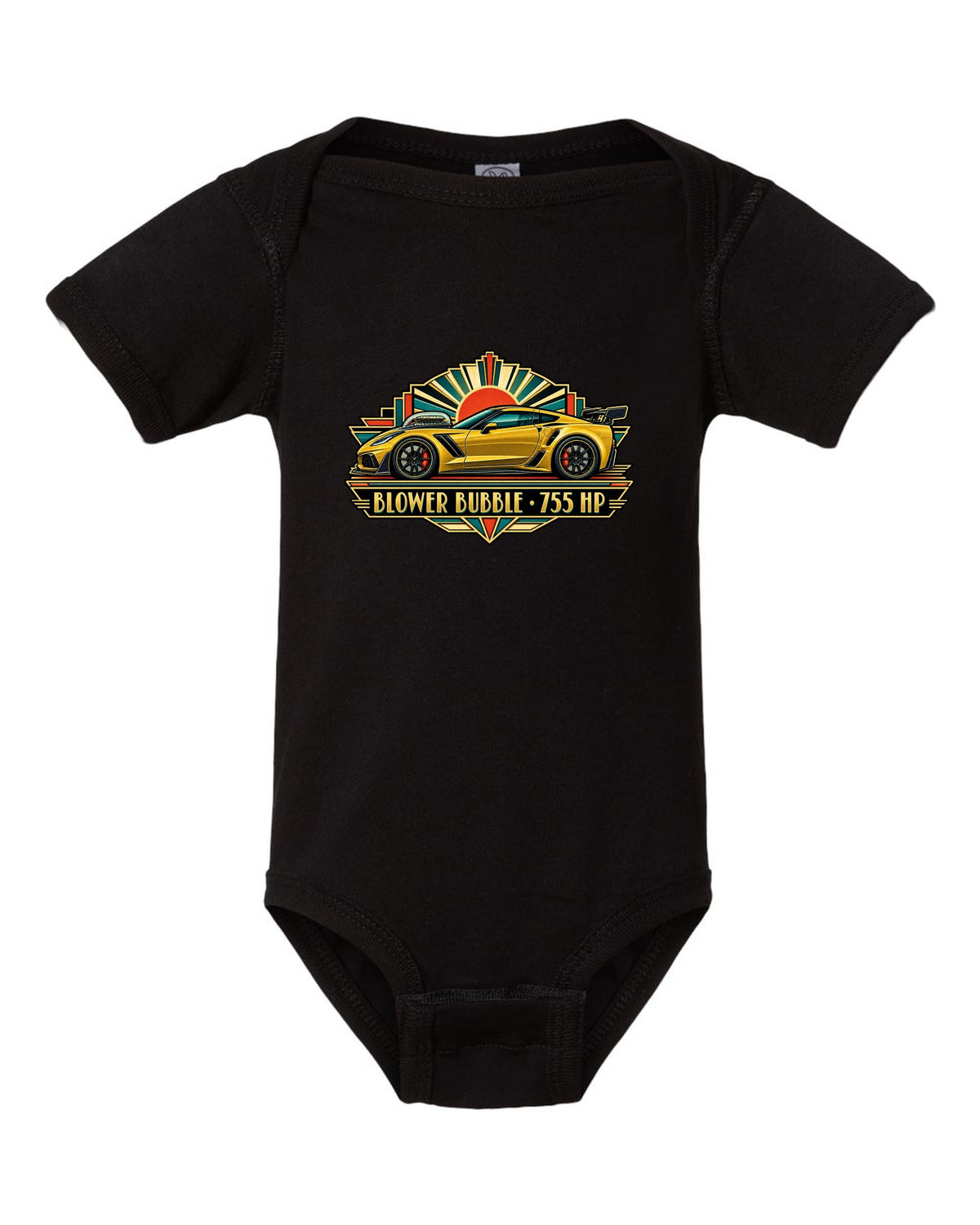 Art deco racing poster print of a 2019 Chevrolet Corvette C7 ZR1 with 755 HP blower bubble lettering black baby onesie front view with the design
