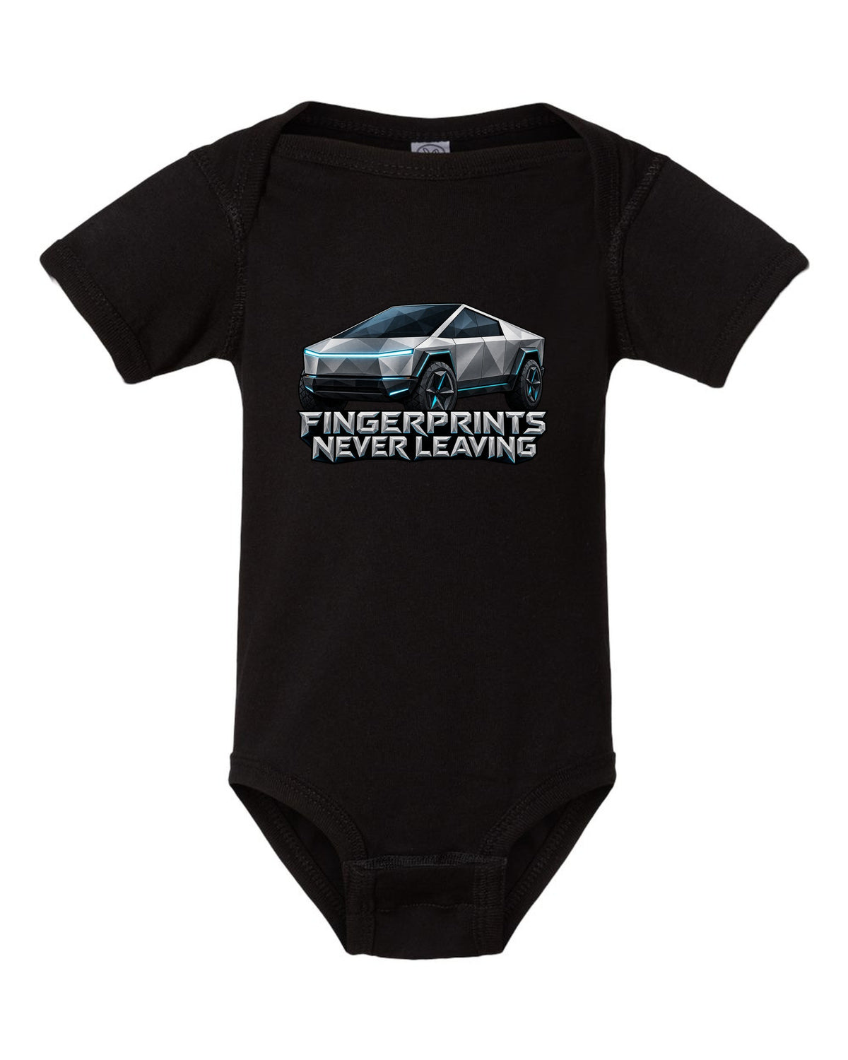 Low-poly wireframe facets of a 2023 Tesla Cybertruck with the words Fingerprints Never Leaving black baby onesie front view with the design