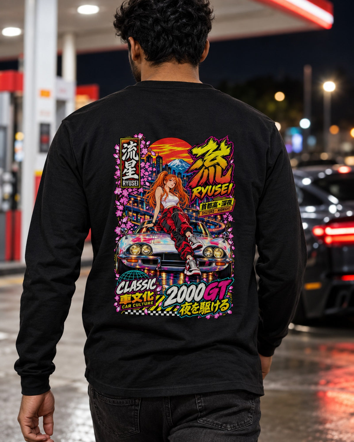 RYUSEI 2000GT Anime Girl Full-Back Graphic Tee Long Sleeve Black worn hero