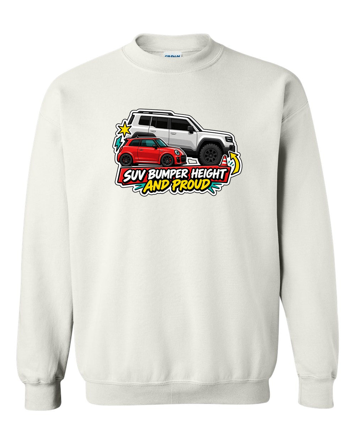 Sticker-bomb collage of a Fiat 500 Abarth with SUV bumper height joke white crewneck front view with the design