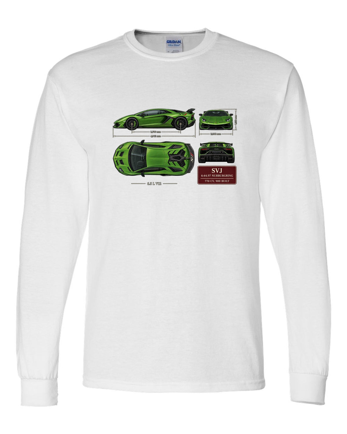 Dimension blueprint print of the Lamborghini Aventador SVJ with Nurburgring lap time white long sleeve front view with the design