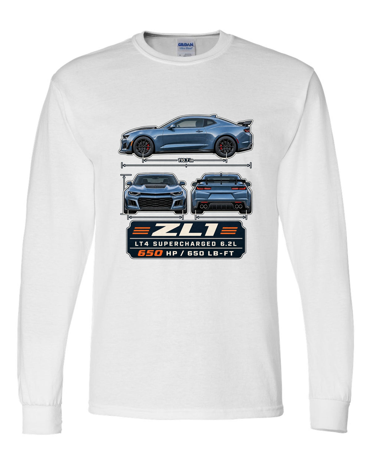 Three-view plate print of a 6th generation Chevrolet Camaro ZL1 white long sleeve front view with the design