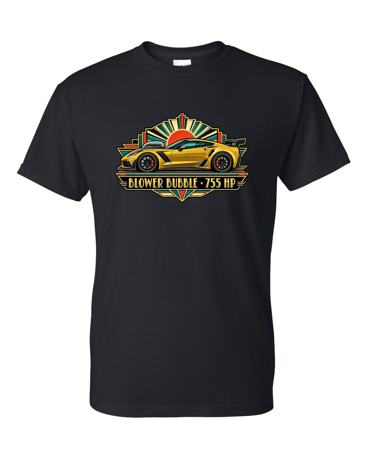 Art deco racing poster print of a 2019 Chevrolet Corvette C7 ZR1 with 755 HP blower bubble lettering black t-shirt front view with the design
