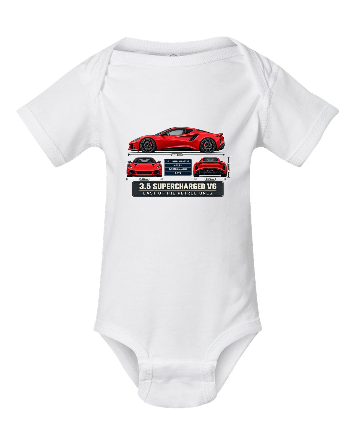 Lotus Emira V6 First Edition Spec Poster Tee, 3.5 Supercharg white baby onesie front view with the design