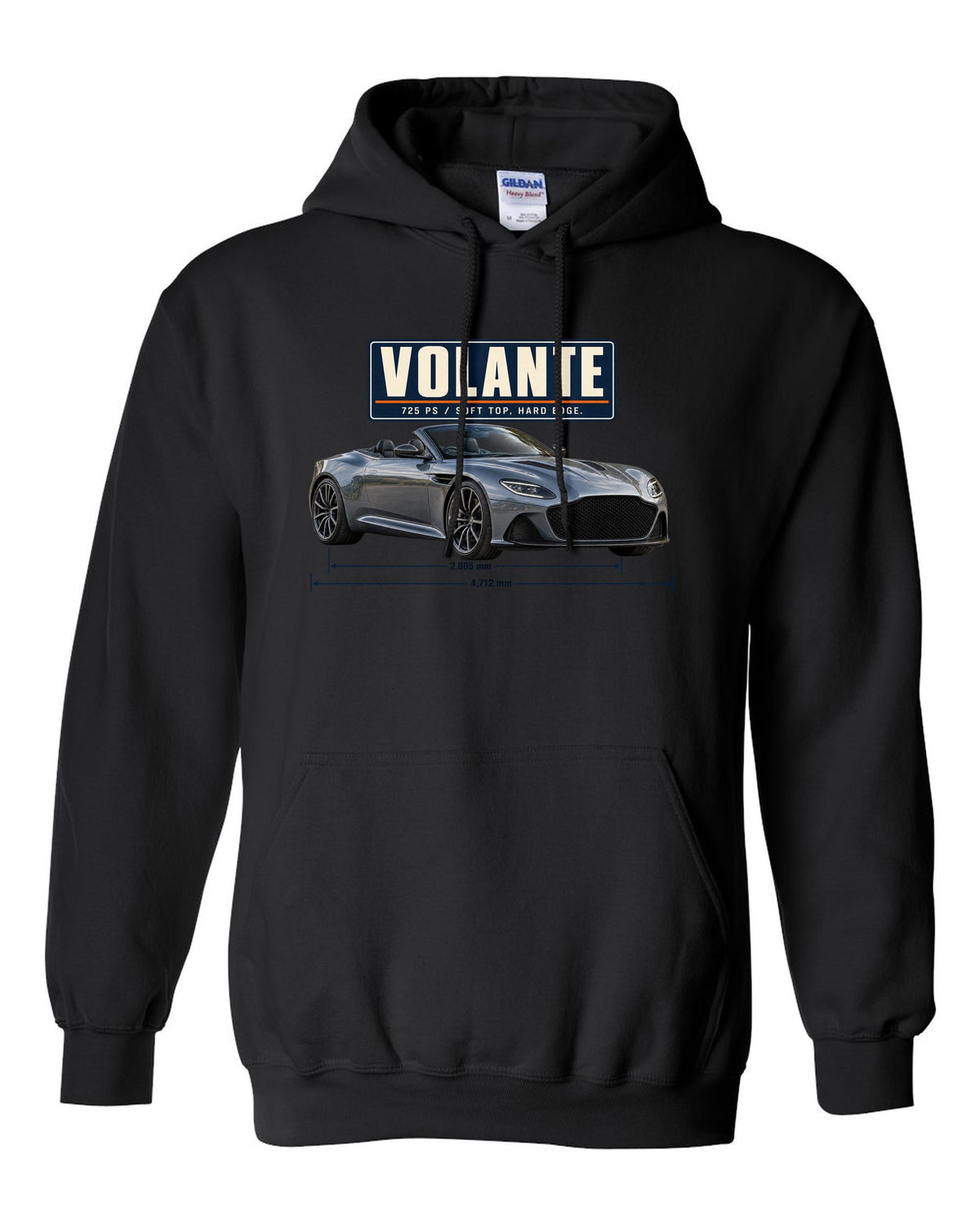 Aston Martin DBS Volante 2019 top-down editorial headline print with 725 PS text black pull over hoodie front view with the design