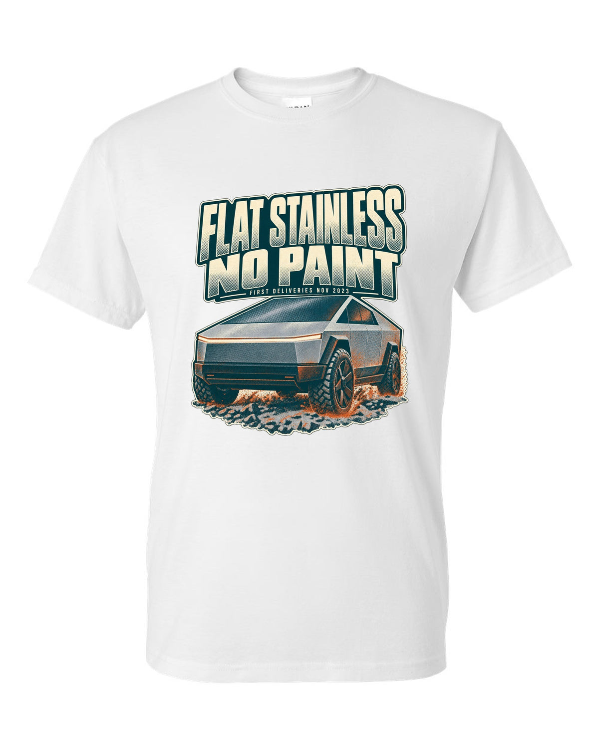 Halftone print of a Tesla Cybertruck front three-quarter with flat stainless text white t-shirt front view with the design