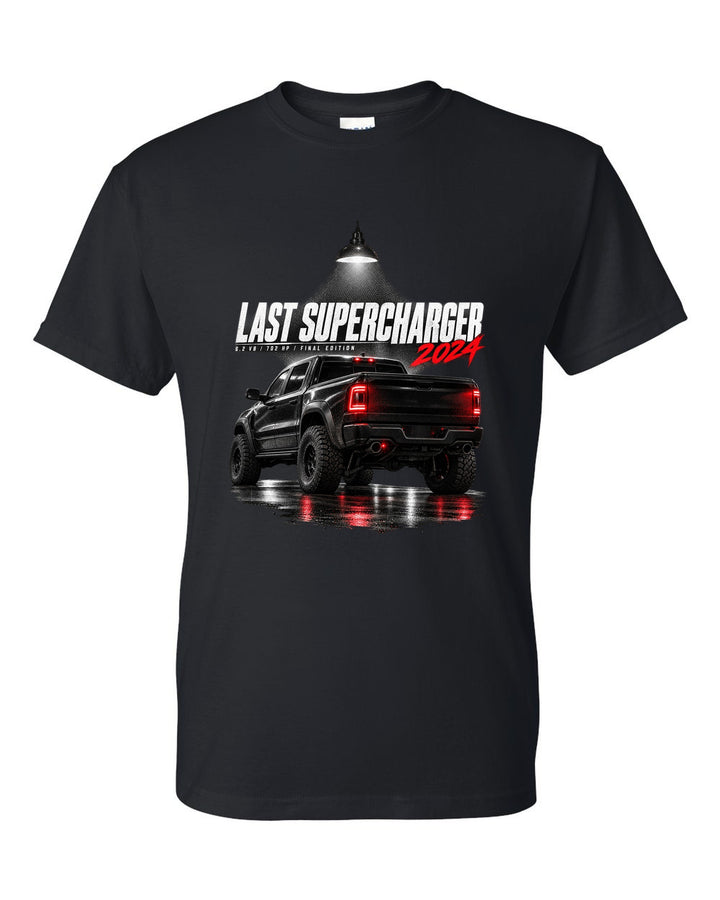 Ram 1500 TRX Final Edition 2024 in a garage at night with the text Last Supercharger 2024 black t-shirt front view with the design
